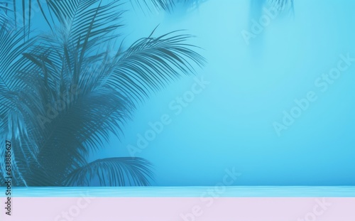 Green tropical palm leaves on blue background minimal summer concept creative flat lay