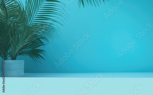 Green tropical palm leaves on blue background minimal summer concept creative flat lay