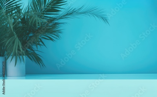 Green tropical palm leaves on blue background minimal summer concept creative flat lay