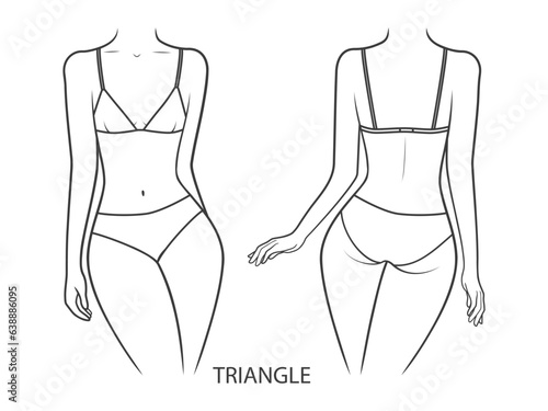 Swimwear on a woman's body.  Triangle swimsuit - front and back view. Vector illustration isolated on white background