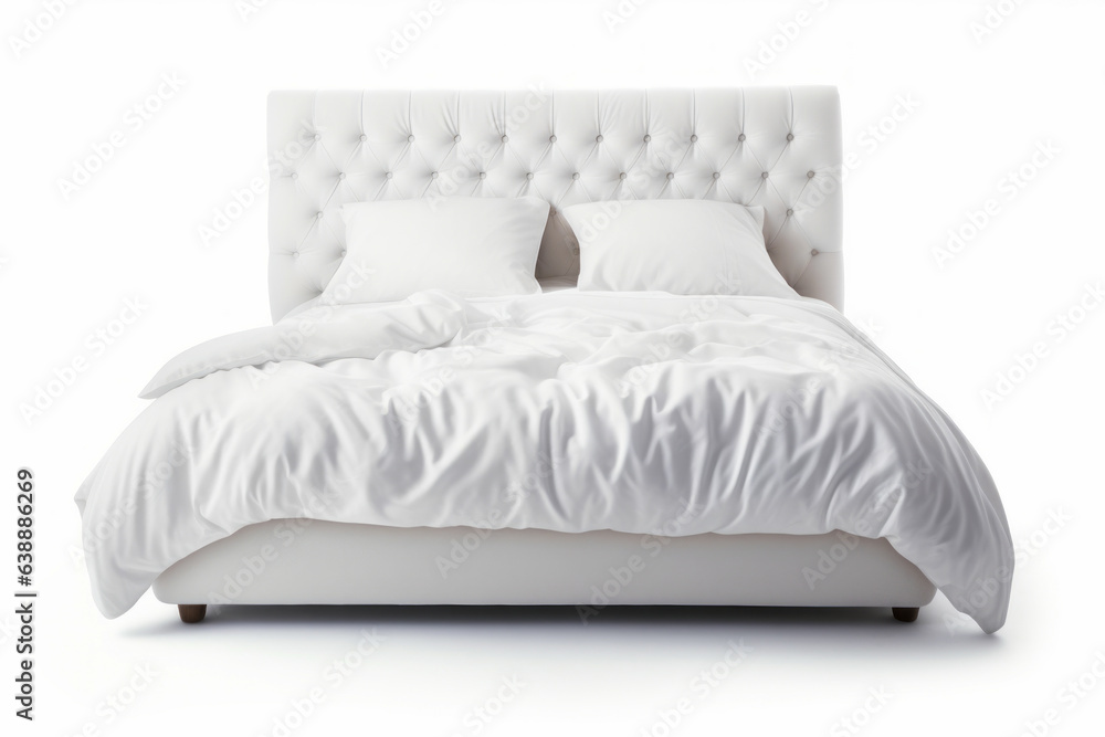 White bed with white comforter and pillows on it. White bed with white comforter and pillows on it.
