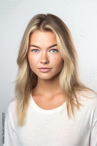 an attractive young woman posing in front of camera with a blank white background
