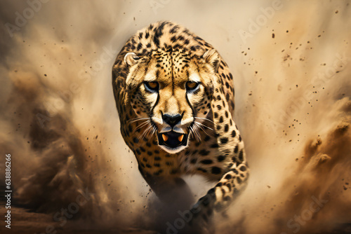 A cheetah running through the sand