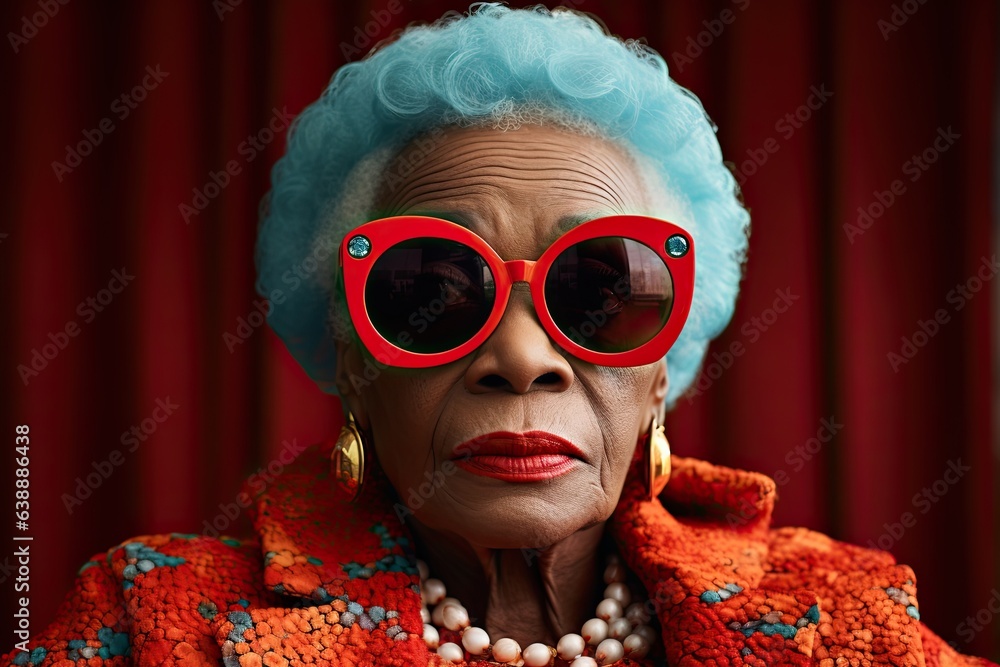 Glamorous portrait of an African American older woman with blue hair wearing red glasses, close-up.