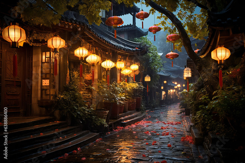 Old chinese town with narrow streets in a rainy day