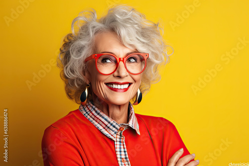 Portrait of a Hispanic older woman wearing red glasses and red clothing on a yellow background.