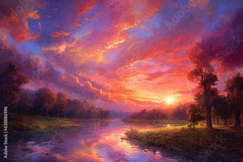 A Sunset's Vibrant Brushstrokes. Poster. Generativ ai. © Gogi