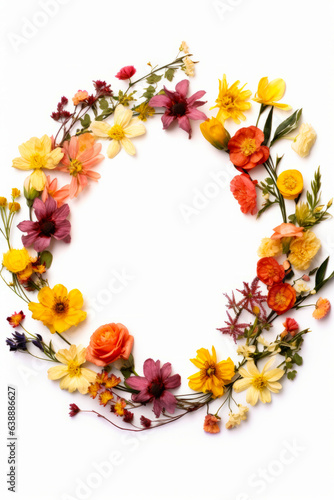 Circle of flowers arranged in circle on white background.