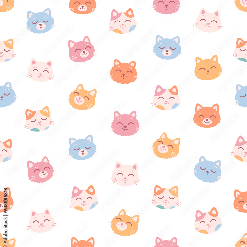 Cute colorful cat faces seamless pattern. Cat characters with different emotions and facial expressions. Vector illustration in flat style