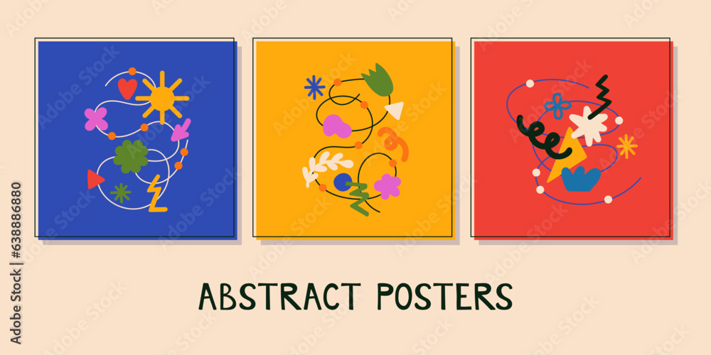 Set of abstract poster designs. Abstract shapes and doodles in various compositions. Modern hand drawn organic doodle, line, nature, flower elements vector illustration for print, posters