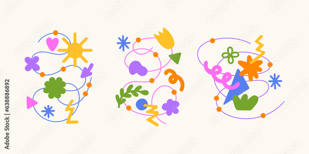 Abstract shapes and doodles in various compositions set. Modern hand drawn organic doodle, line, nature, flower elements collection. Set of colorful vector illustrations for print, posters Abstract shapes and doodles in various compositions set. Modern hand drawn organic doodle, line, nature, flower elements collection. Set of colorful vector illustrations for print, posters