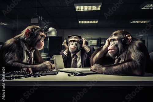 Three monkeys wearing suits and ties sitting at desk with laptop.