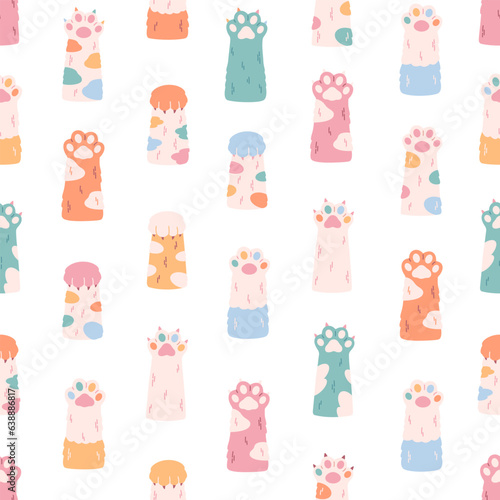 Cute colorful cats paws seamless pattern. Different funny pet paws with claws, animals hands. Vector illustration in flat style