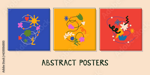 Set of abstract poster designs. Abstract shapes and doodles in various compositions. Modern hand drawn organic doodle  line  nature  flower elements vector illustration for print  posters