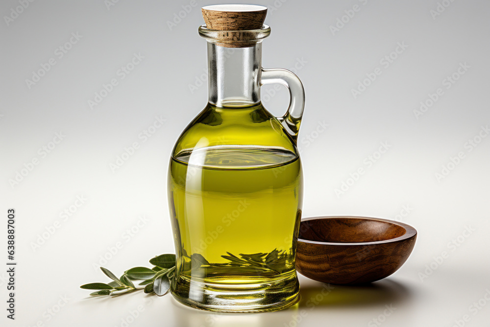 Extra olive oil bottle and green olives with leaves isolated on a white background