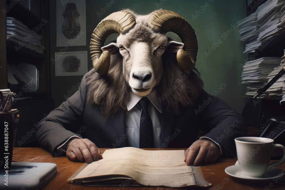 Man in goat mask reading book at table. - obrazy, fototapety, plakaty 