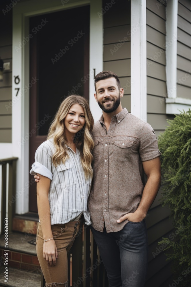 shot of a young couple standing outside their home