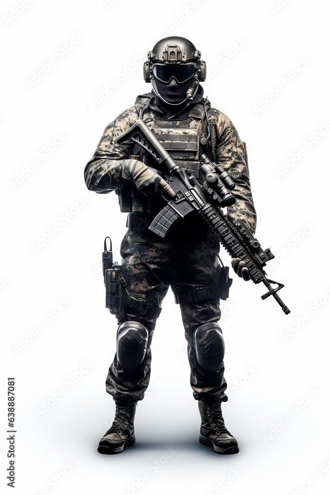 Soldier with gun and helmet on white background. Soldier with gun and helmet on white background.