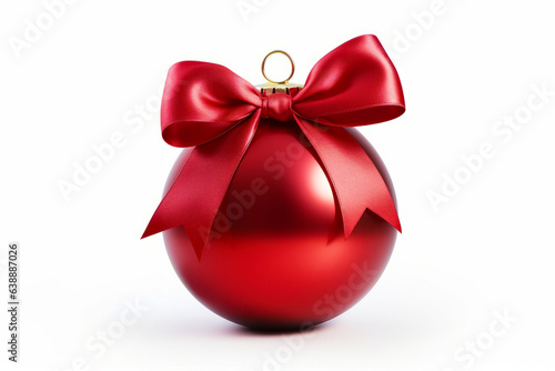 Red christmas ornament with bow on it's side.