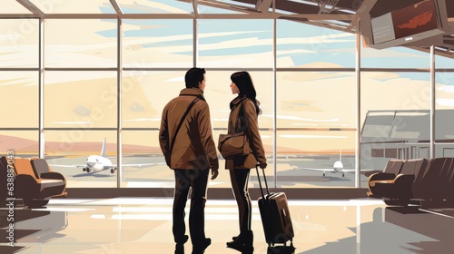 Cartoon picture of happy couple man and woman standing together on the territory of the airport AI