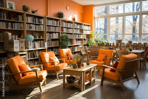 Wallpaper Mural Public library interior with no people and bookshelves. Workplace table, desk with laptop and chairs for studying, college, university, high school students self preparation Torontodigital.ca