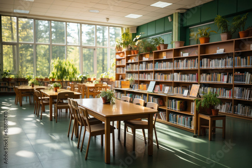 Public library interior with no people and bookshelves. Workplace table, desk with laptop and chairs for studying, college, university, high school students self preparation