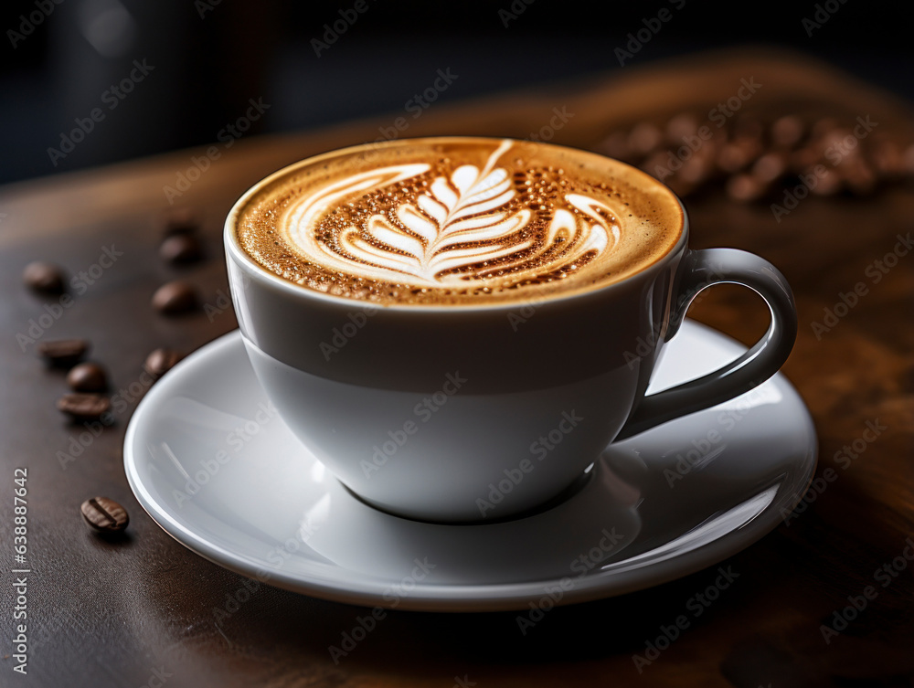 A beautiful cup of cappuccino with latte art in the wooden space background. Trendy toning. Minimal composition, hipster vibes. A beautiful cup of cappuccino with latte art in the wooden space background. Trendy toning. Minimal composition, hipster vibes.