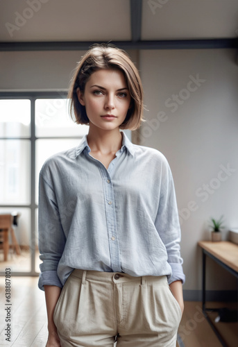 immagine di giovane donna in abbigliamento informale, ambiente di lavoro luminoso e spazioso alle spalle