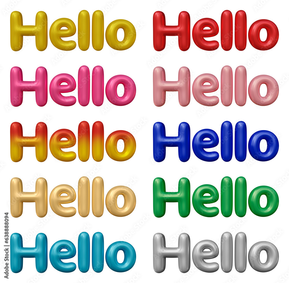 Set of hello text design isolated on transparent background in 3d rendering for communication and conversation concept. Set of hello text design isolated on transparent background in 3d rendering for communication and conversation concept.
