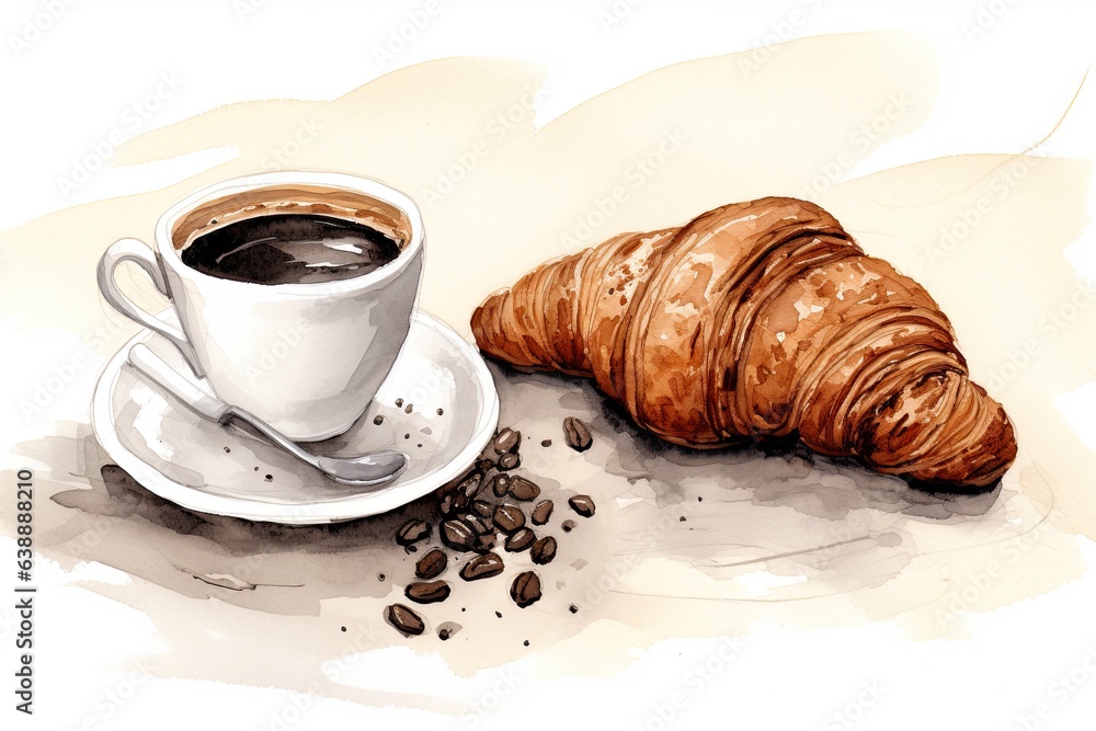 Breakfast with a Croissant and coffee watercolor.Hand drawn morning breakfast icon badge bakery for design menu cafe Breakfast with a Croissant and coffee watercolor.Hand drawn morning breakfast icon badge bakery for design menu cafe