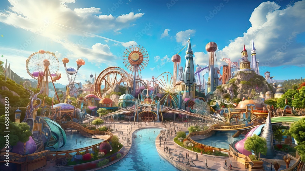 A magical theme park full of captivating attractions and immersive experiences, designed to entertain and delight both children and adults alike. Generative AI - obrazy, fototapety, plakaty 