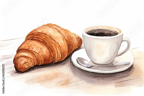 Breakfast, delicious start to the day. Cup with hot coffee and croissant.Watercolor illustration isolated on white.