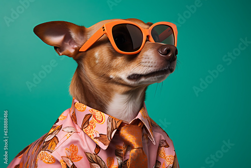 Funny dog with yellow-orange wearing colorful shirt, golden tie and orange sunglasses, green background © IgnacioJulian
