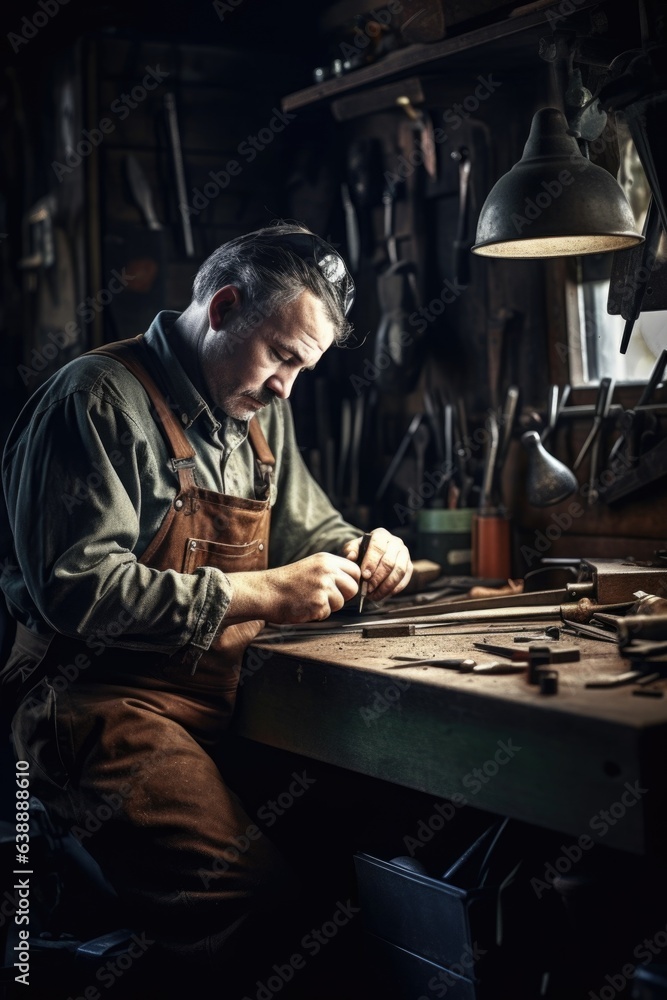 shot of a craftsman working at his workbench in his workshop shot of a craftsman working at his workbench in his workshop