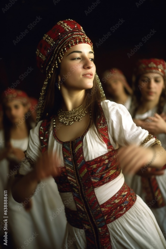 shot of a young woman leading her troupe through an ethnic dance routine