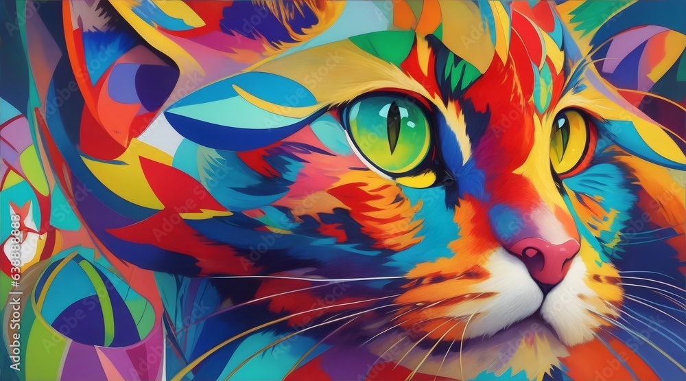 A cat's face is vividly depicted in an abstract style, showcasing bright green and yellow eyes, adorned with stunning splashes of color.