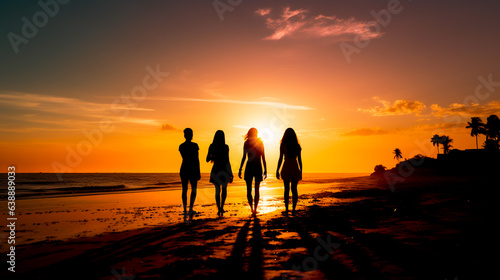 Silhouette of group of friends are having fun, having fun on the beach in the evening sunset.
