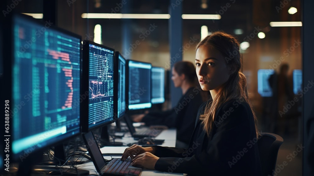 Young girl programmer writing code on the keyboard, in the office space at night. Design ai Young girl programmer writing code on the keyboard, in the office space at night. Design ai