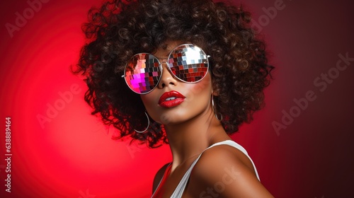 Print op canvas Stylish lady at a party in a nightclub in shiny retro disco ball glasses with curly hair isolated on hot pink color background