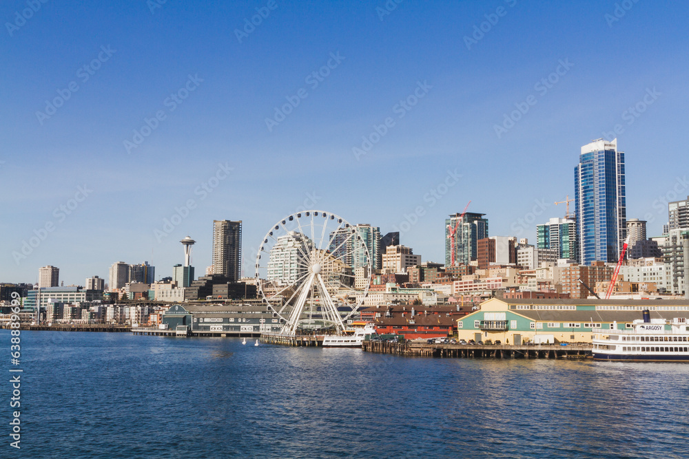 Seattle's Majestic Skyline and Waterfront with Ferris Wheel