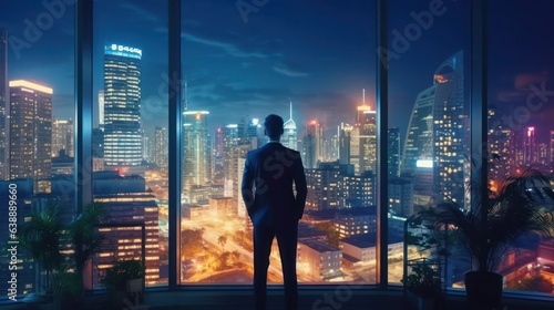 Back view of businessman stand look at the city view at night