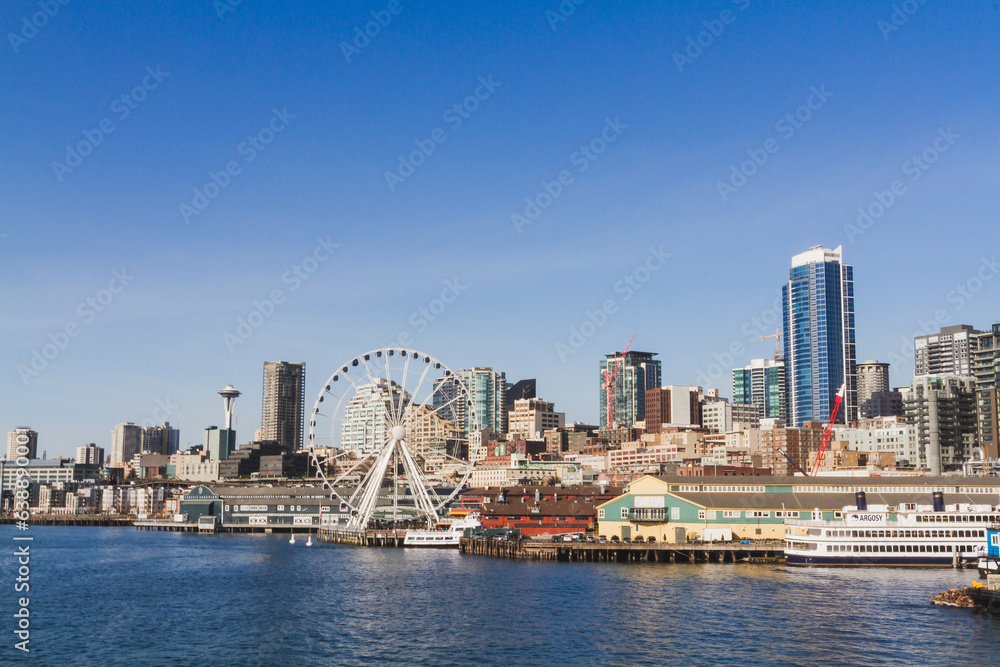Seattle Waterfront Skyline with Ferris Wheel and Harbor