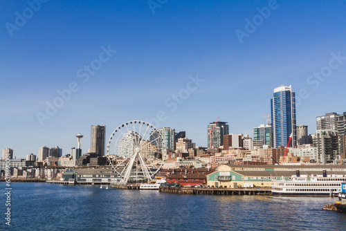Seattle Waterfront Skyline with Ferris Wheel and Harbor