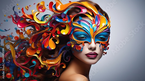 A striking colorful and artistic mask set against a white background. This image is part of a marketing campaign designed to capture attention in the competitive world of fashion, generative ai