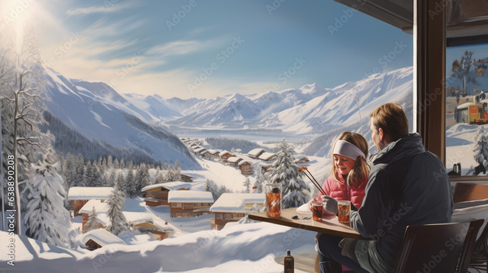 Generative AI, family on vacation in a ski resort in the snowy mountains, skiing, travel with children, mountain landscape, winter sports, new year holidays, tourism, children - obrazy, fototapety, plakaty 