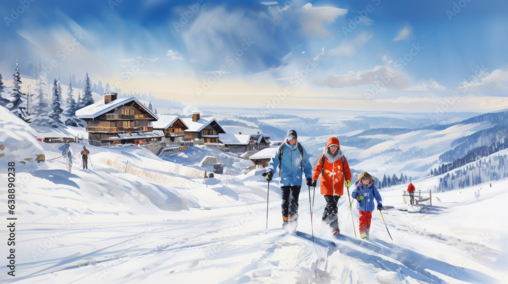 Generative AI, family on vacation in a ski resort in the snowy mountains, skiing, travel with children, mountain landscape, winter sports, new year holidays, tourism, children - obrazy, fototapety, plakaty 
