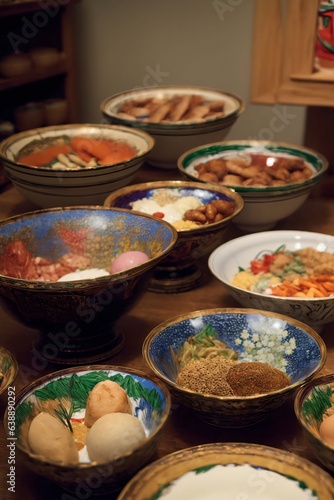 A Table Topped With Bowls Filled With Different Types Of Food