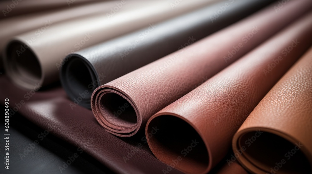 Fototapeta premium Rolled up multicolored leather samples close up.