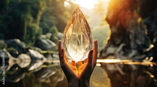 A captivating photograph of a hand holding a crystal quartz, symbolizing self-love and spiritual awakening, appealing to those in tune with holistic well-being. Generative AI photo