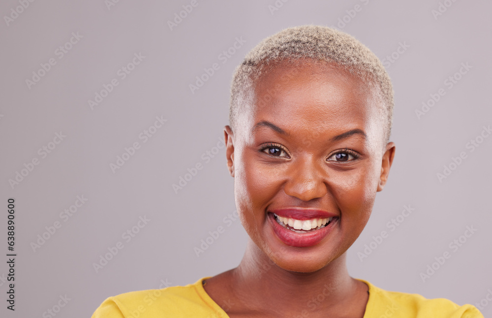 Happy, smile and portrait of black woman in a studio with beauty, cosmetic or makeup face routine. Happiness, excited and headshot portrait of African female model with cosmetology by gray background Happy, smile and portrait of black woman in a studio with beauty, cosmetic or makeup face routine. Happiness, excited and headshot portrait of African female model with cosmetology by gray background